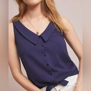 Anthropologie Navy Blue Peter Pan Collar Tie-Front Tank Top Womens Sz Small